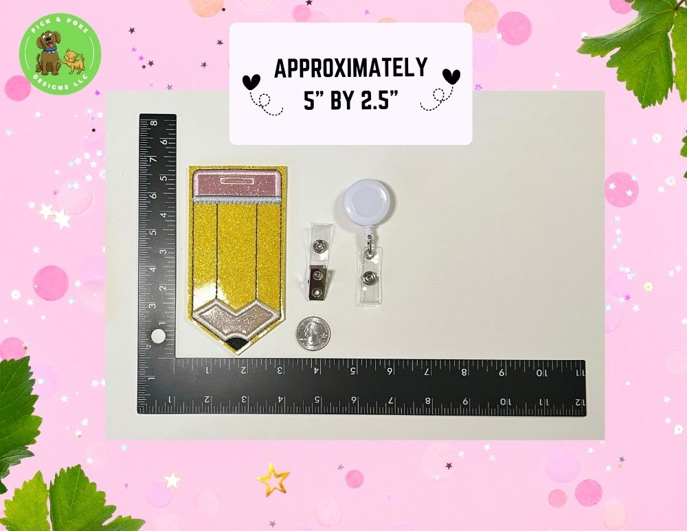Personalized Pencil ID Card Badge Holder with Reel or Clip | Glitter or Solid Vinyl | Vertical Protector Case (Custom Made)