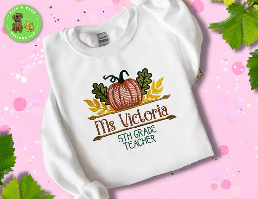 Personalized Autumn Pumpkin Teacher White Crewneck Sweatshirt | Embroidered Fall Design