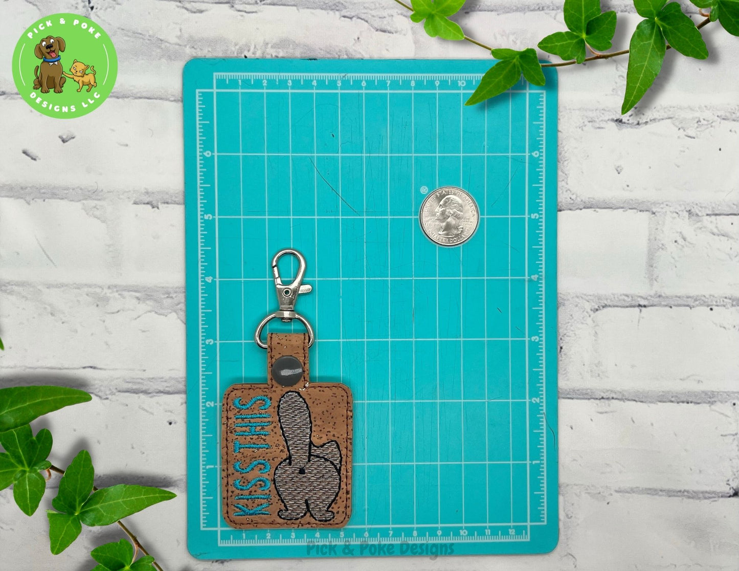 Kiss This Cat Butt Snap Tab Key Chain / Embroidered on Cork Fabric / Custom Made