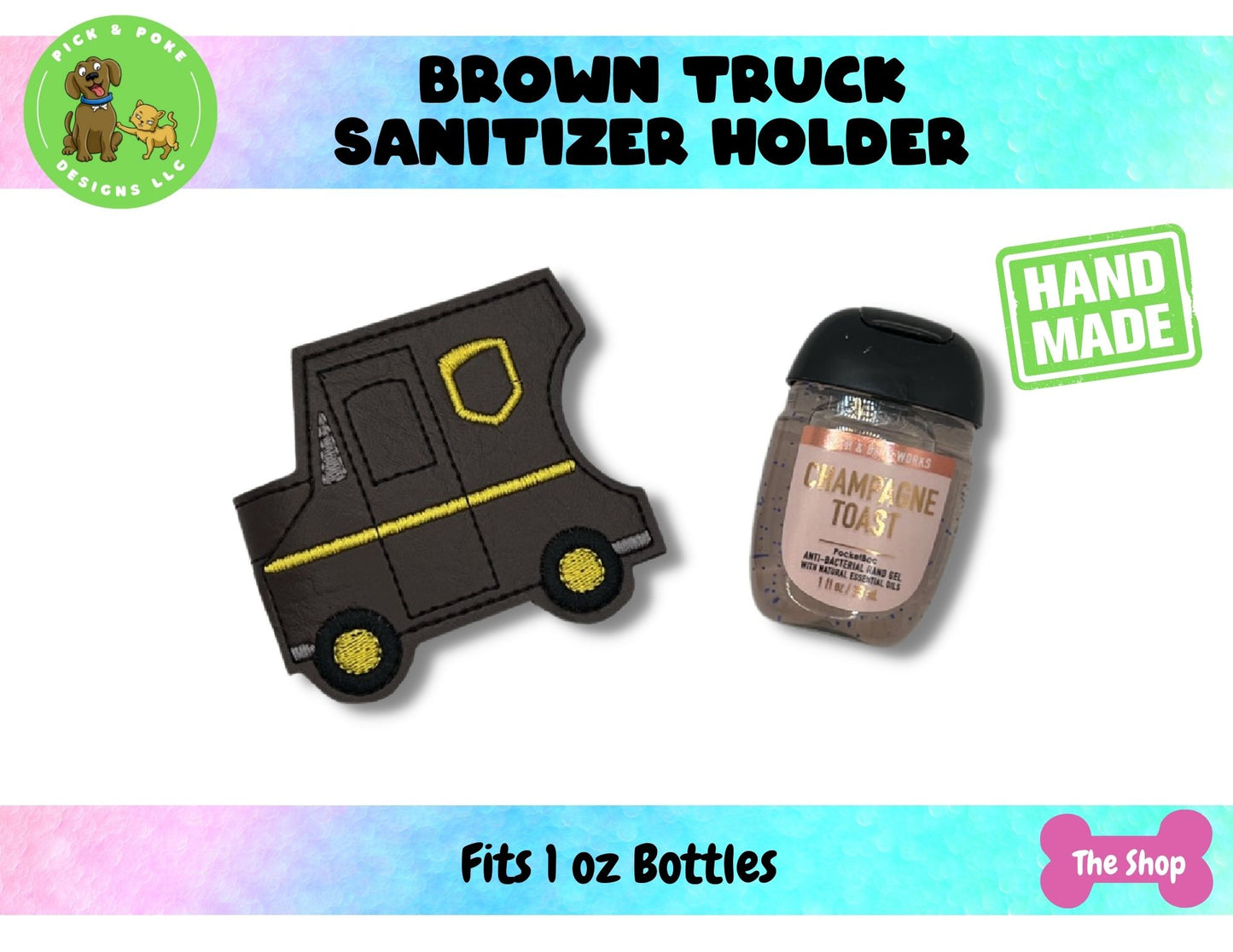 Brown Truck Hand Sanitizer Holder Key Chain | Embroidered on Vinyl | Made to Order