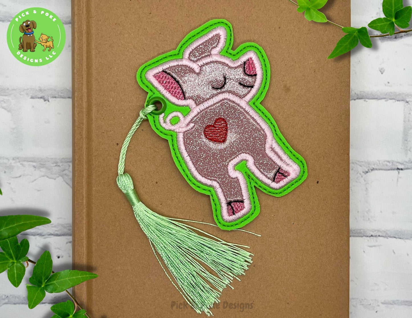 Pink Pig Butt Bookmark with Tassel | Glitter Piggy Design | Embroidered