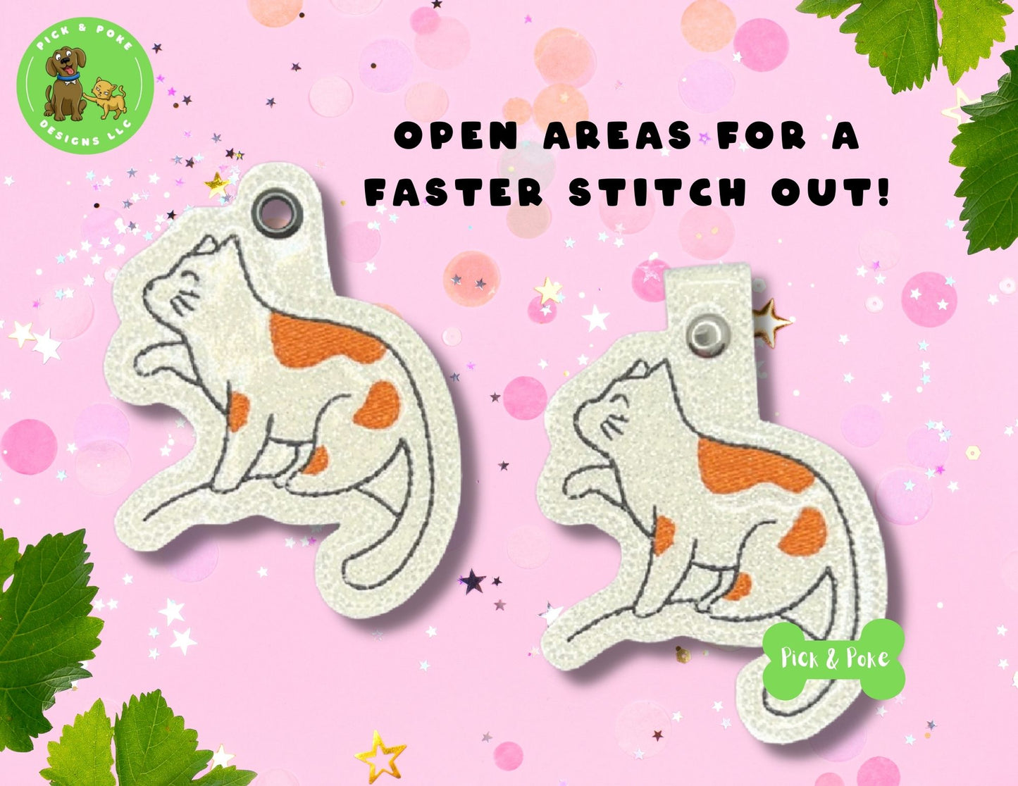 In the Hoop Embroidery Project Cute Cat Doodle Snap Tab and Eyelet Key Fob ITH Design (Digital Download)