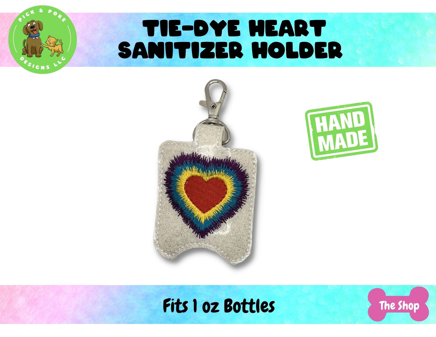 Tie-Dye Heart Sanitizer Holder Key Chain | Embroidered on Vinyl | Made to Order