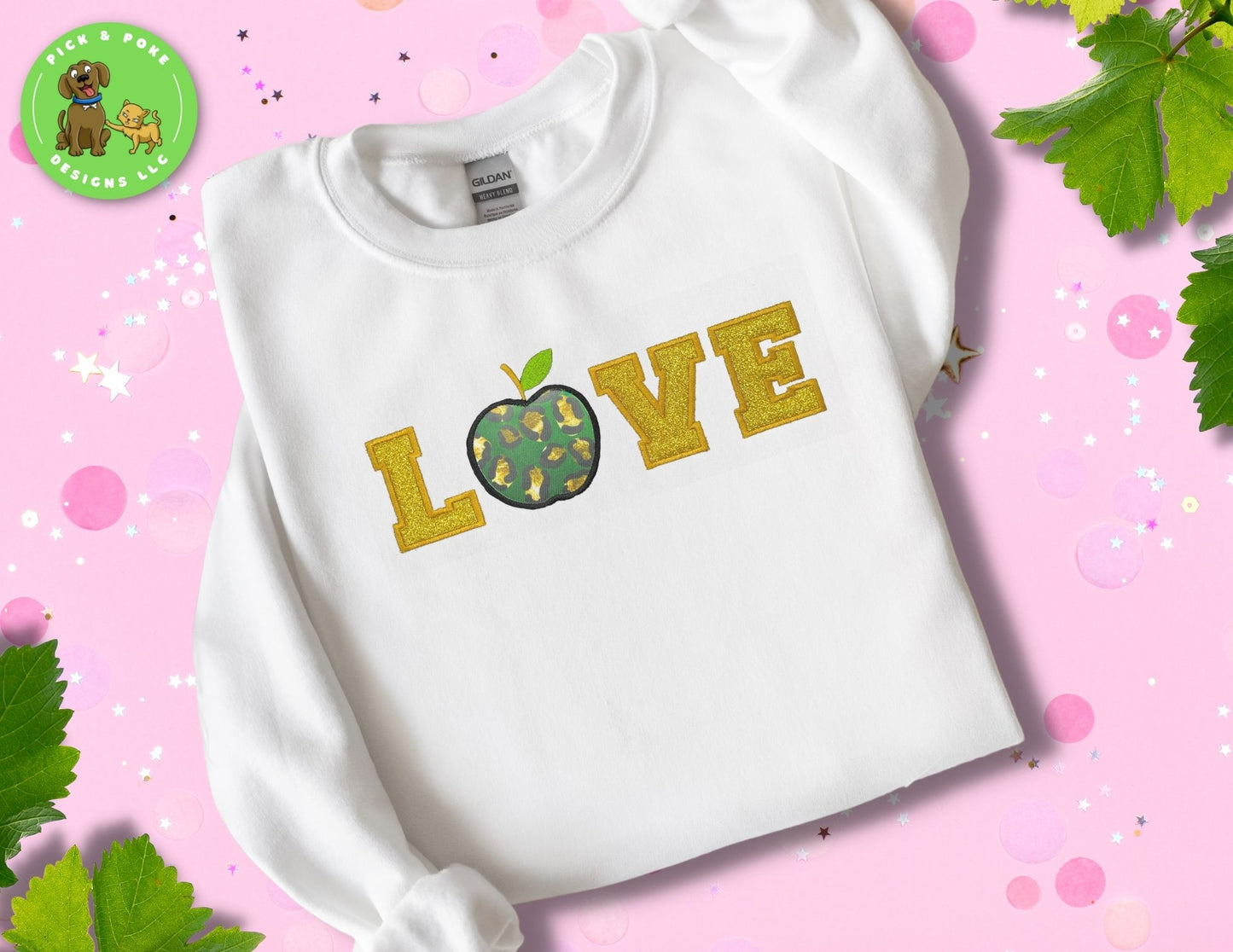 Love Green Apple with Gold Glitter Teacher | Embroidered Shirt Crewneck Sweatshirt
