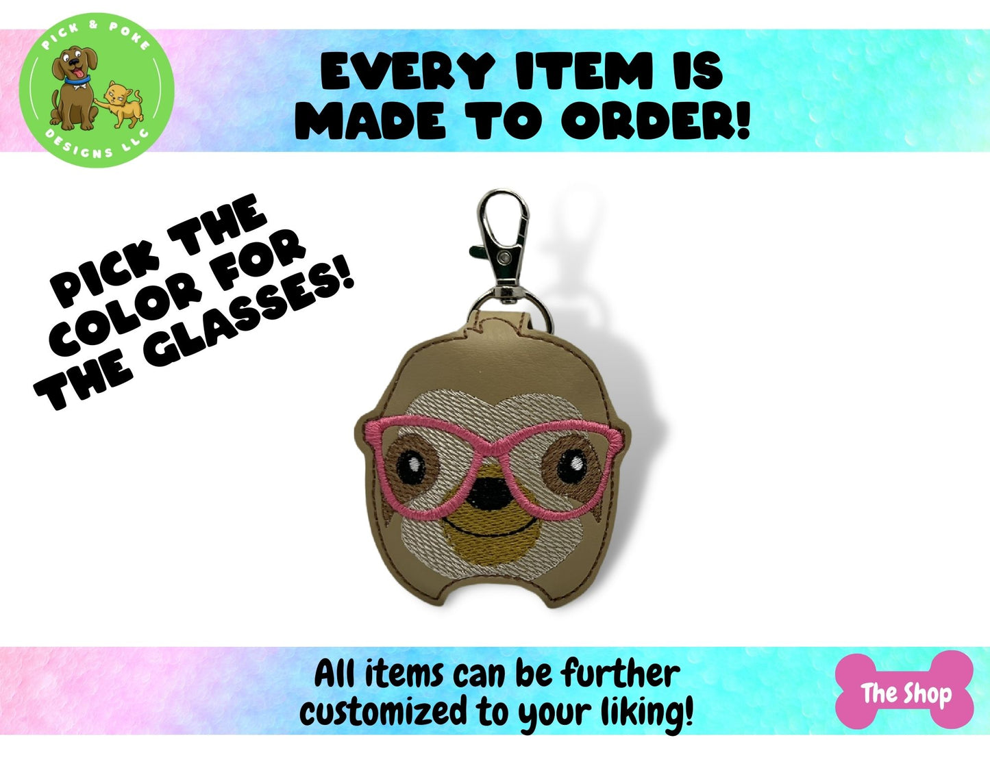 Cute Sloth Wearing Glasses Hand Sanitizer Holder Key Chain | Embroidered on Vinyl | Made to Order