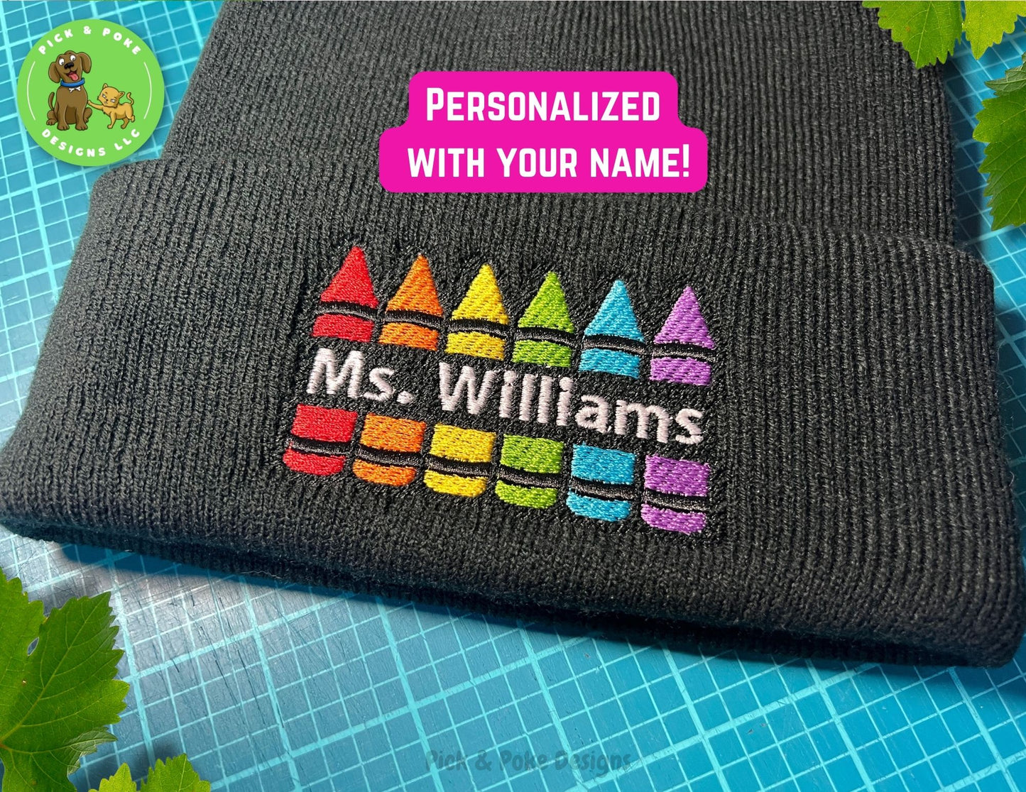 Personalized Crayon Teacher Beanie Cap | Black Knit Hat with Embroidered Name