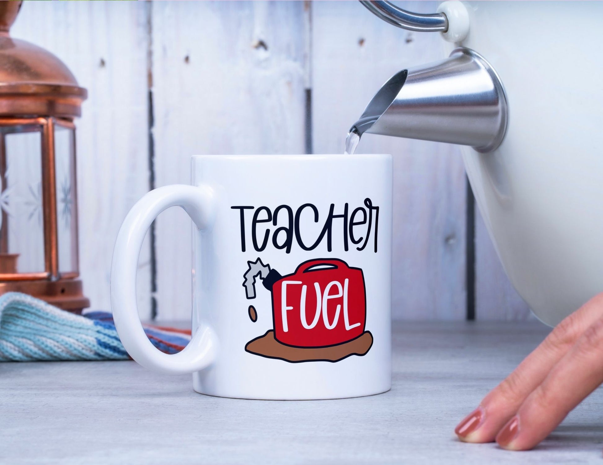 11oz ceramic white coffee mug with the teacher fuel design printed on both sides. 