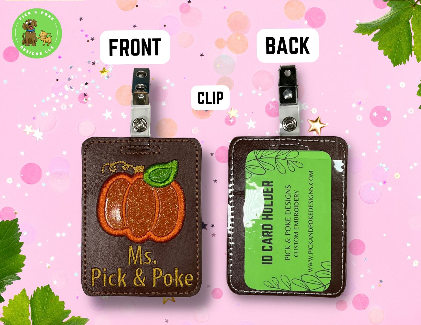 Personalized Pumpkin ID Card Badge Holder with Reel or Clip | Brown Vinyl