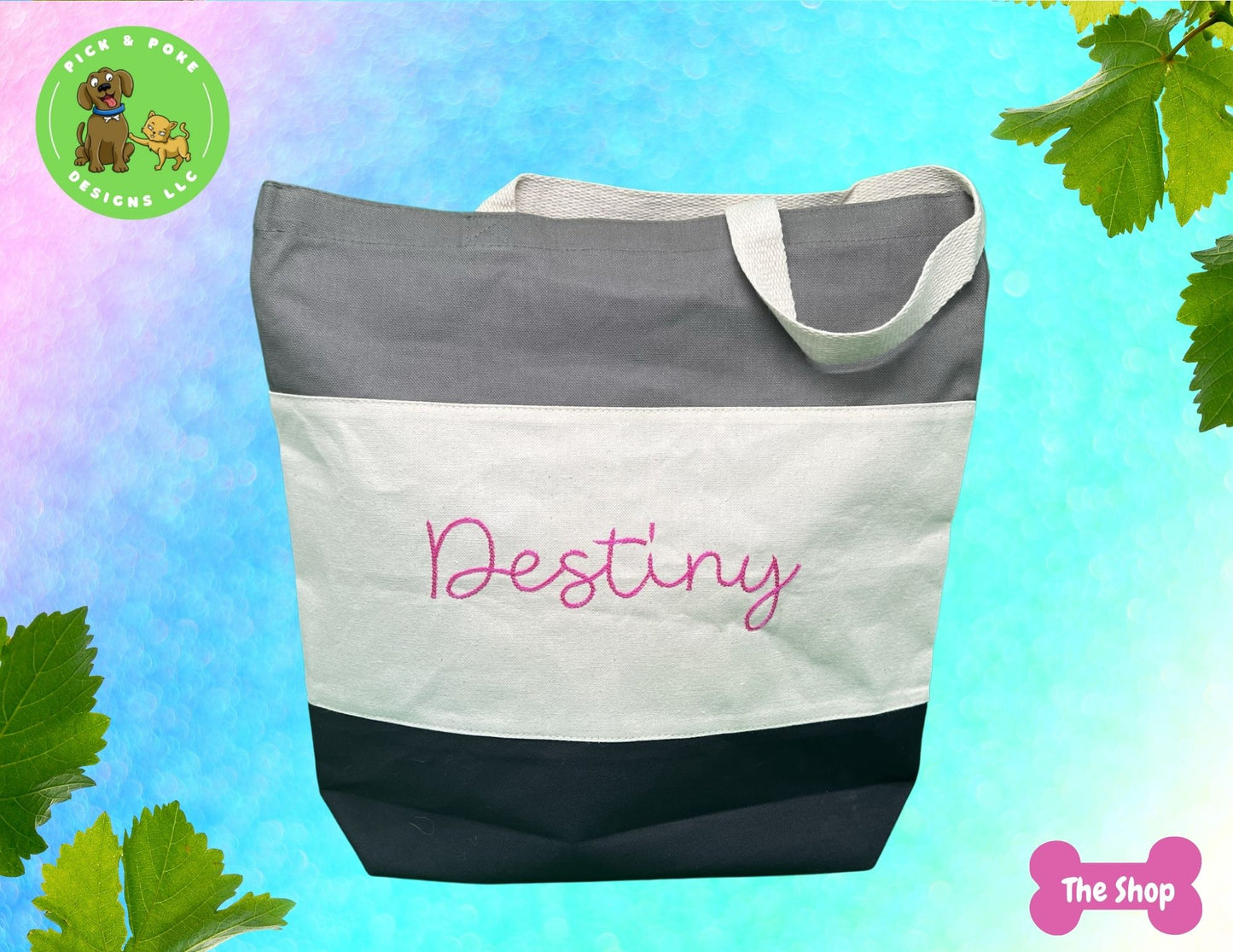 Custom Embroidered Tote Bag Personalized Name / Great as a Grocery Bag, Teacher Gift, Bridesmaids Gift, or Christmas Gift / Tri-Color Canvas Tote