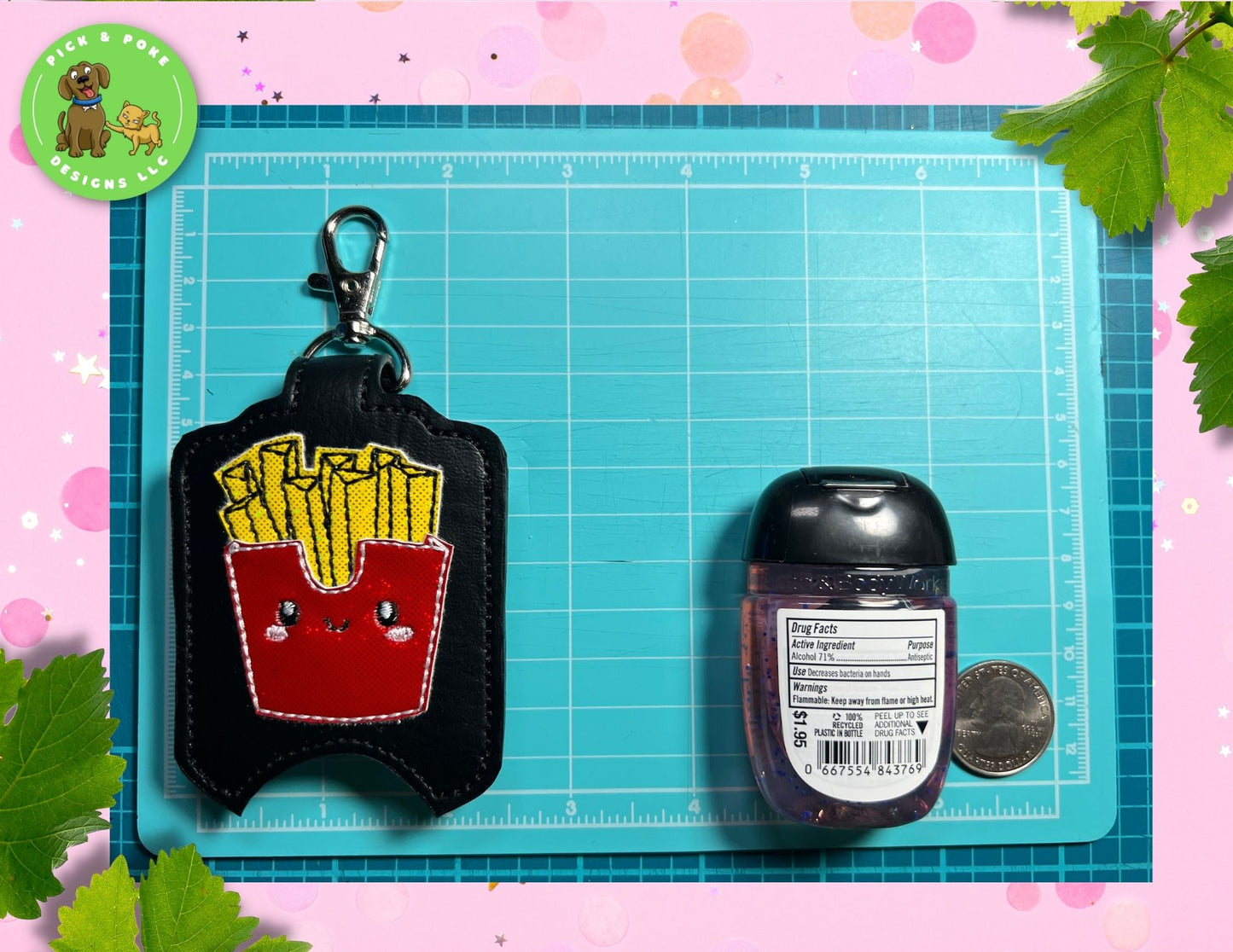 French Fries Hand Sanitizer Holder Key Chain | Embroidered on Black Vinyl