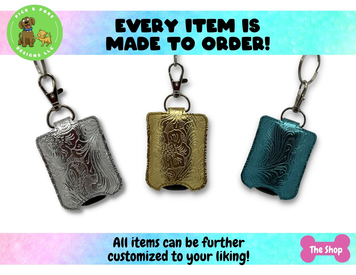 Metallic Faux Tooled Leather Hand Sanitizer Holder Key Chain | Embroidered on Vinyl | Made to Order