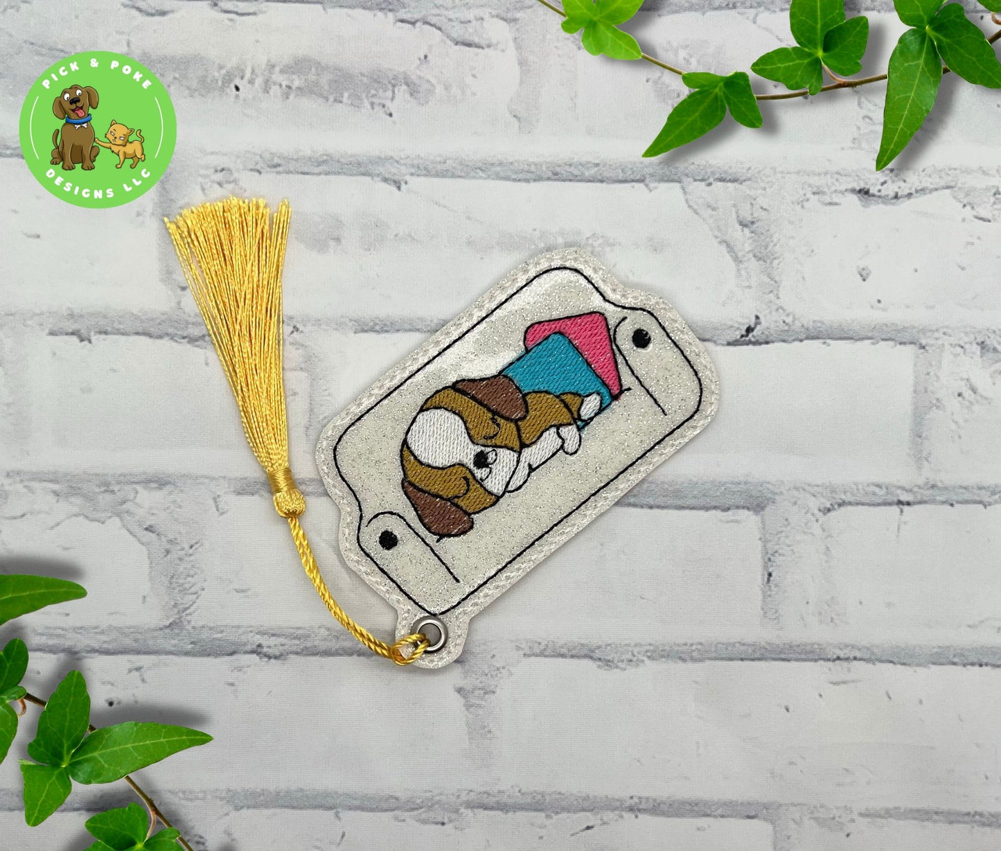 Beagle Dog Sleeping on Sofa Bookmark with Tassel | Glitter Vinyl Design | Embroidered