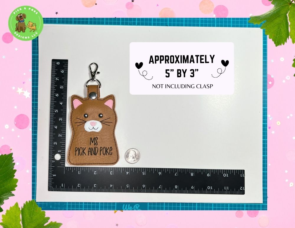 Personalized Brown Cat ID Card Badge Holder with Lobster Clasp |  Vinyl Faux Leather | Vertical Protector Case