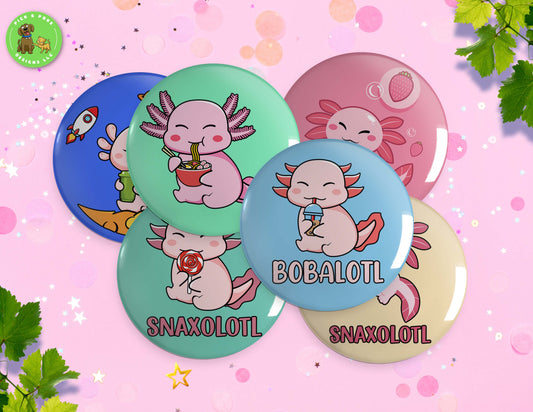 Cute Axolotl Enjoying Bubble Tea and Snacks Button | Pinback Button, Keychain, Magnet, Bottle Opener, or Mirror | 2.25-inch SizePick and Poke Designs