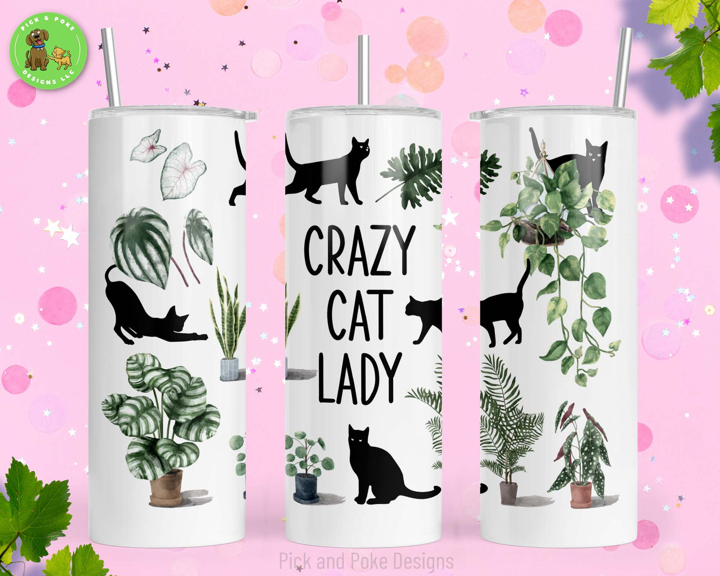 20 oz stainless steel tumbler with black cats, plants, and the phrase crazy cat lady