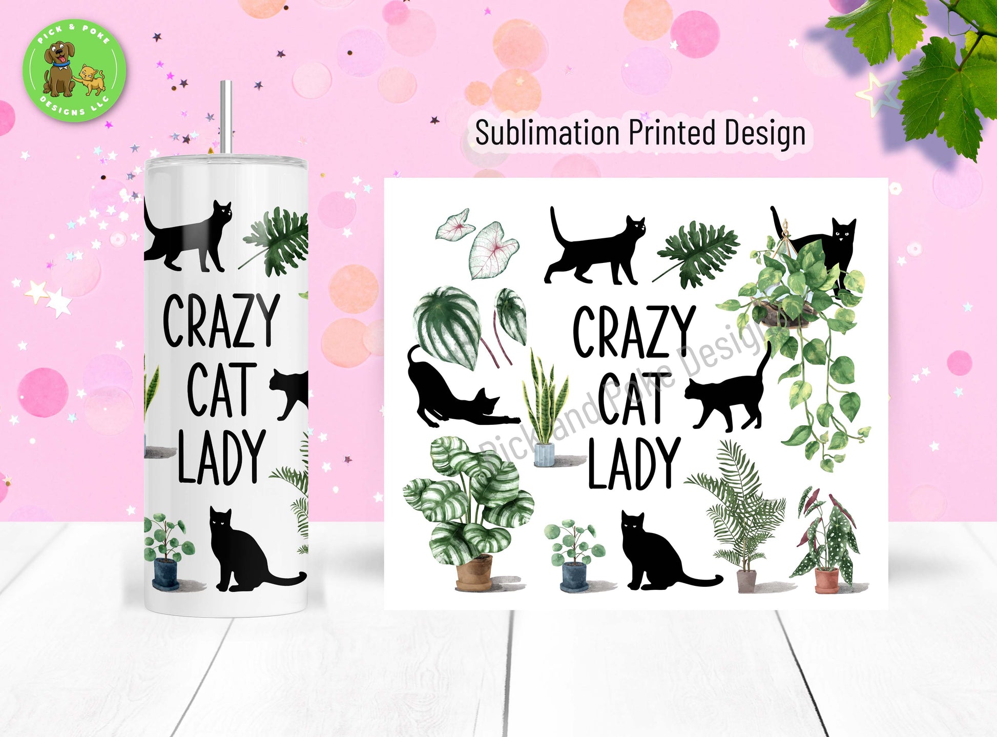 Crazy Cat Lady design is sublimated on a 20oz stainless steel tumbler