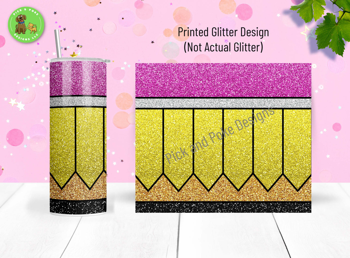 20oz stainless steel tumbler with a teacher design featuring a printed glitter pencil design.