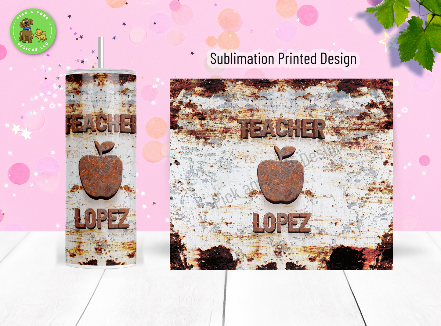 Personalized Rusty Apple Teacher Tumbler | Printed Rust Design | 20oz Stainless Steel Cup