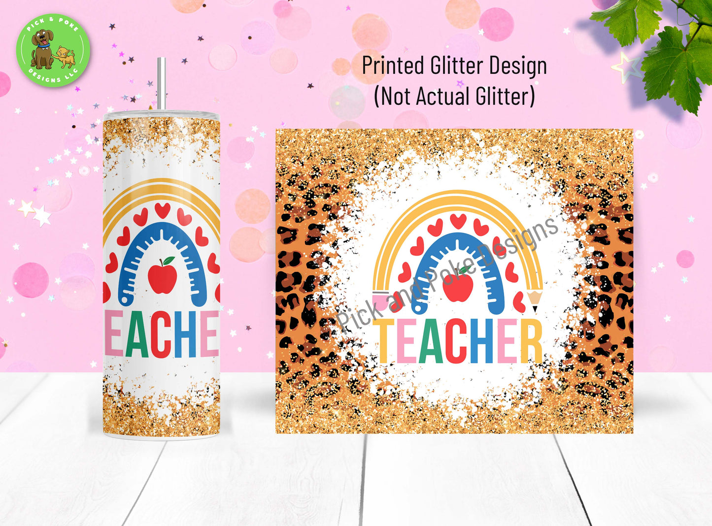 Glitter Cheetah Rainbow tumbler has a sublimated design printed on the tumbler and comes with a reusable straw and plastic lid.