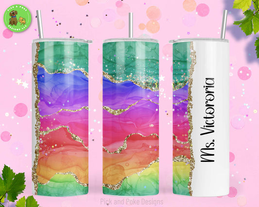 Personalized Rainbow Teacher Tumbler | Printed Glitter Design | 20oz Stainless Steel Cup