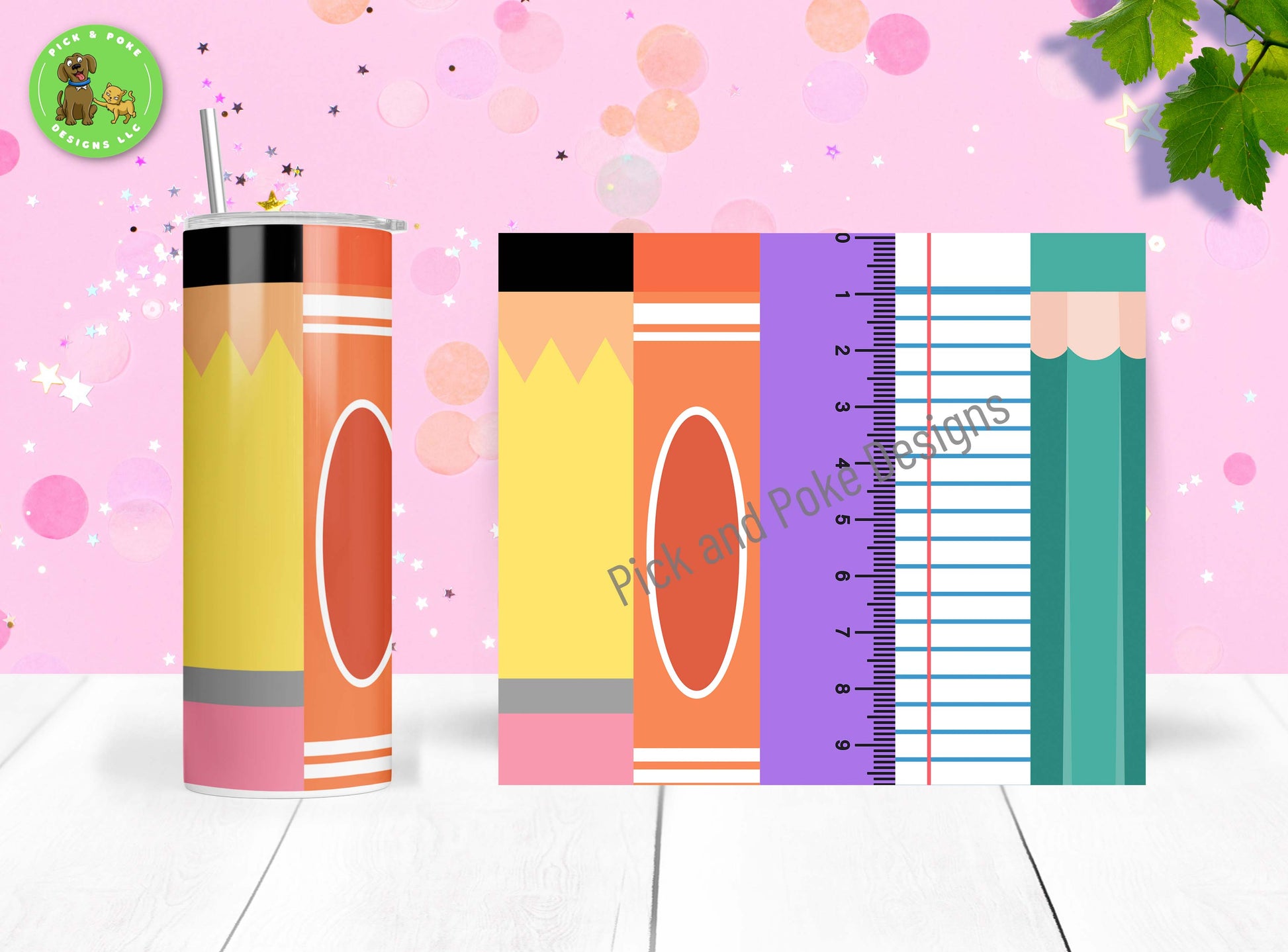 School supplies tumbler has a sublimated design printed on the tumbler and comes with a reusable straw and plastic lid. 