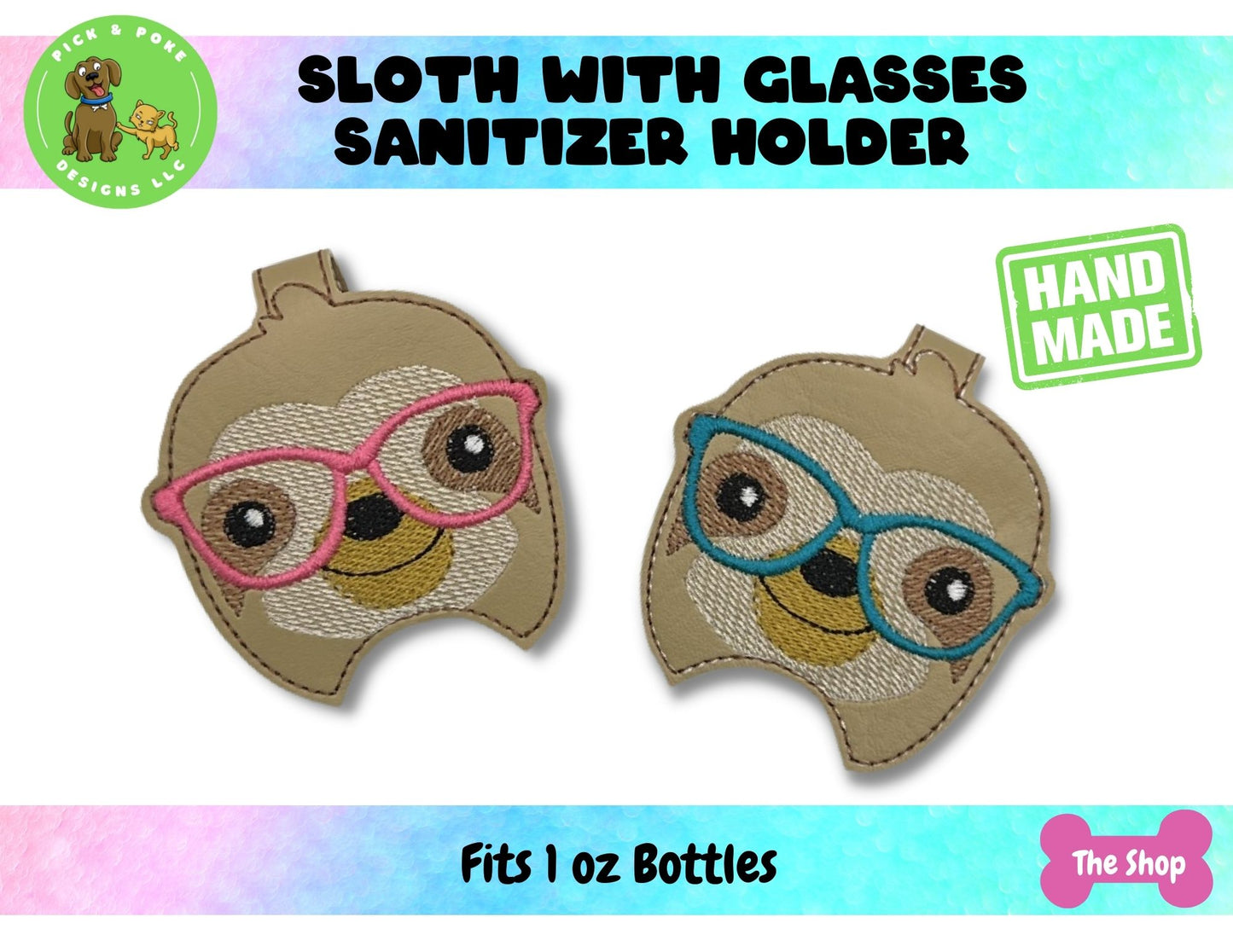 Cute Sloth Wearing Glasses Hand Sanitizer Holder Key Chain | Embroidered on Vinyl | Made to Order