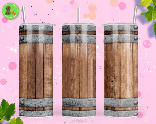 20oz stainless steel tumbler with a wooden barrel design.