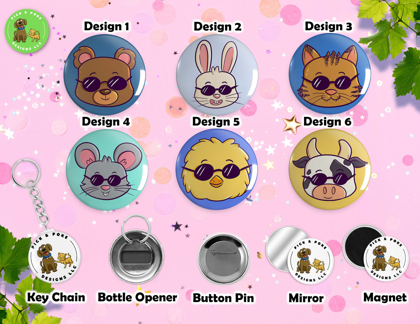 Cute Animals Wearing Sunglasses | Pinback Button, Keychain, Magnet, Bottle Opener, or Mirror | 2.25-inch Size