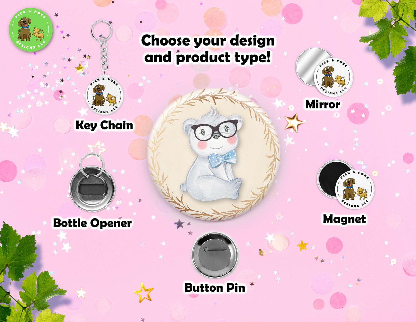 Cute Baby Animals Wearing Glasses | Pin-Back Button, Key Chain, Magnet, Bottle Opener, or Mirror Option | 2.25-inch Round Size | Made to Order