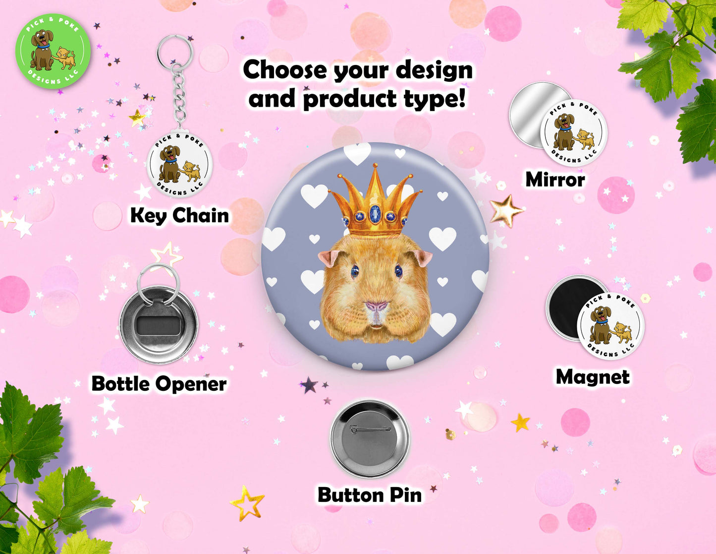 Guinea Pig Wearing Crown Button | 2.25-inch Round Size | Metal Pin Back Design | Made to Order