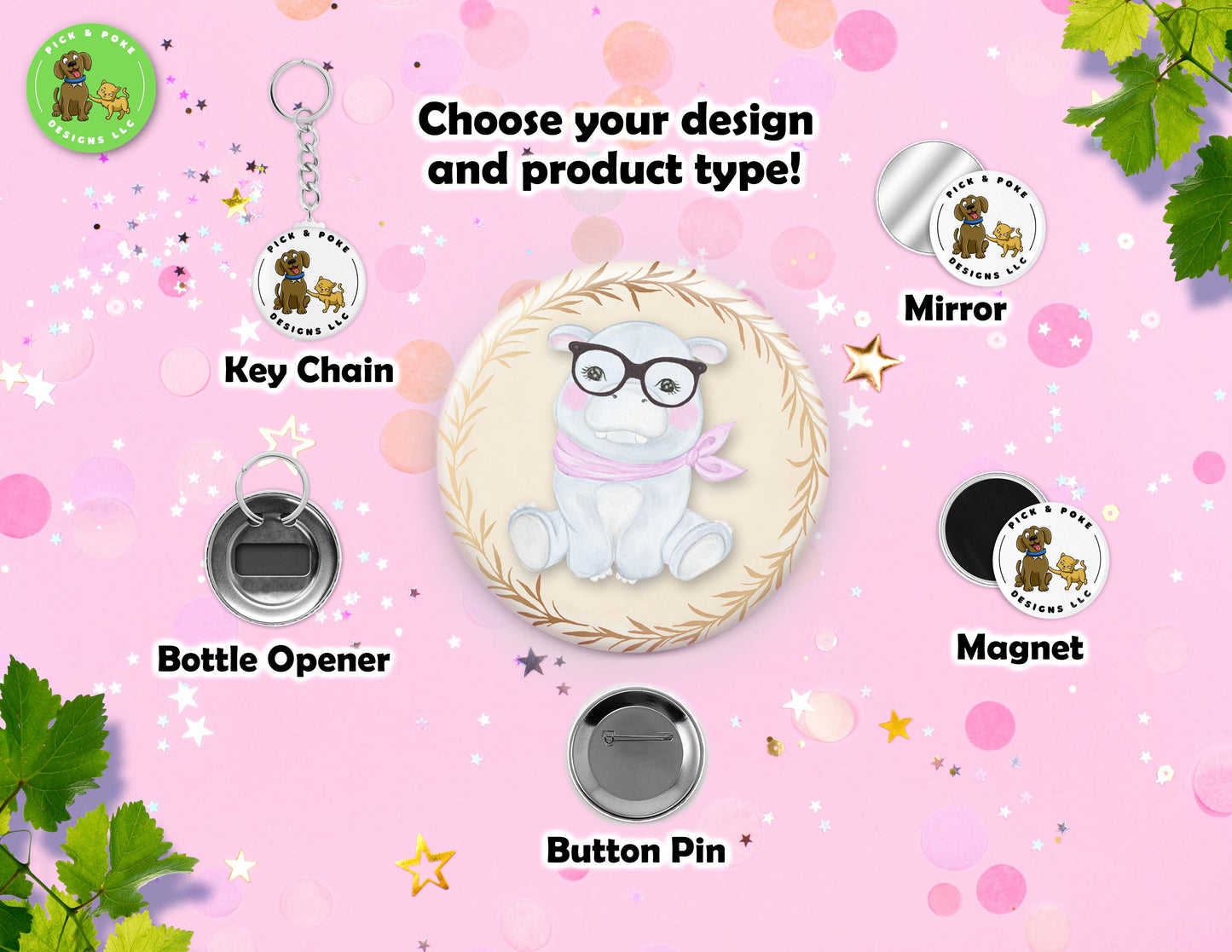 Cute Baby Animals Wearing Glasses | Pin-Back Button, Key Chain, Magnet, Bottle Opener, or Mirror Option | 2.25-inch Round Size | Made to Order