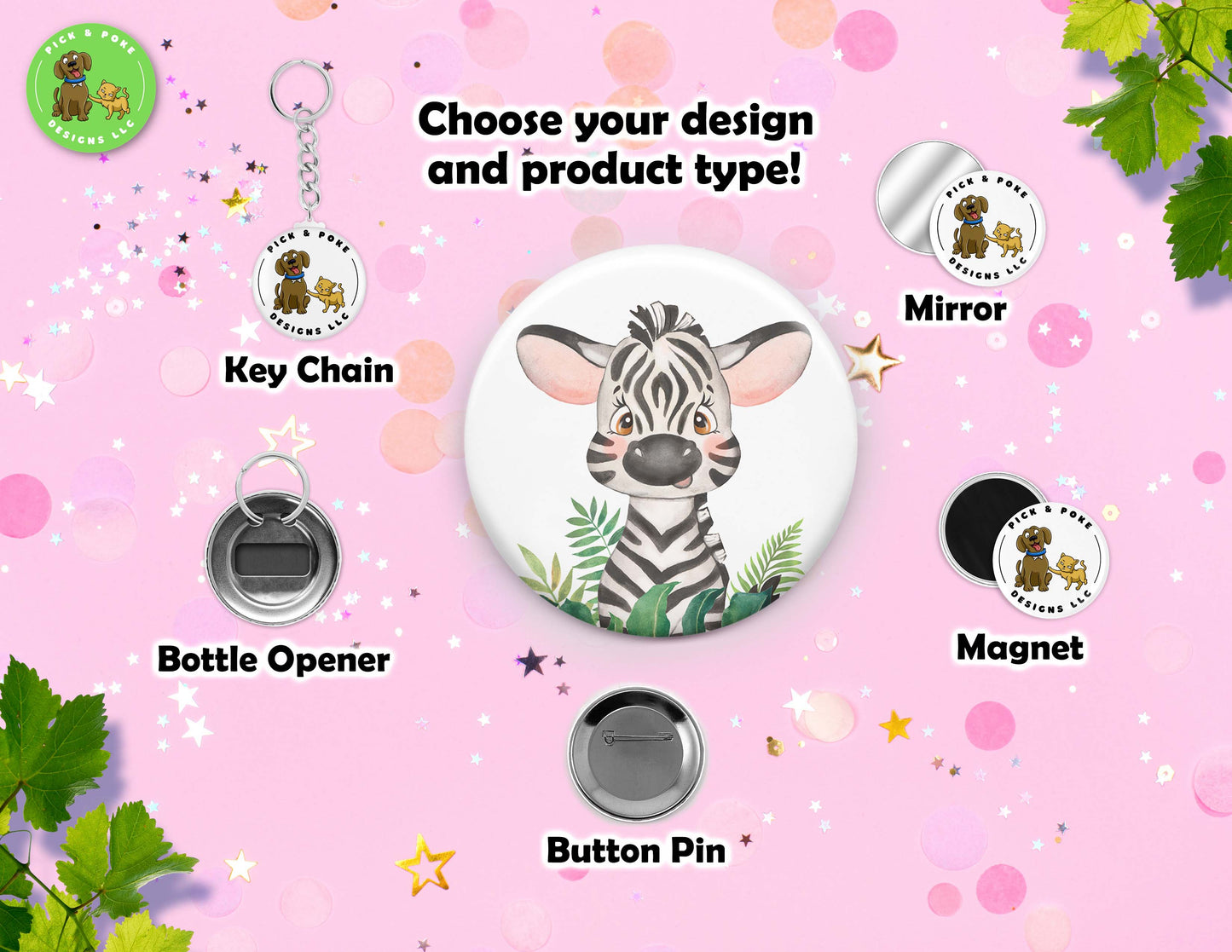 Cute Safari Baby Animals Watercolor Style Buttons | 2.25-inch Round Size | Metal Pin Back Design | Made to Order