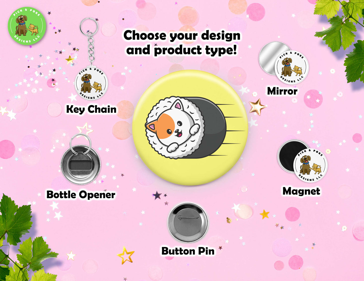 Cats, Corgis, and Shiba Inus Sushi Roll | Pinback Button, Key Chain, Magnet, Bottle Opener, or Mirror | 2.25-inch Size | Made to Order