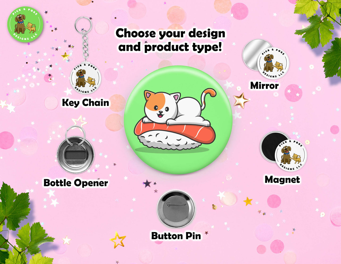 Cats, Corgis, and Shiba Inus Sushi Roll | Pinback Button, Key Chain, Magnet, Bottle Opener, or Mirror | 2.25-inch Size | Made to Order