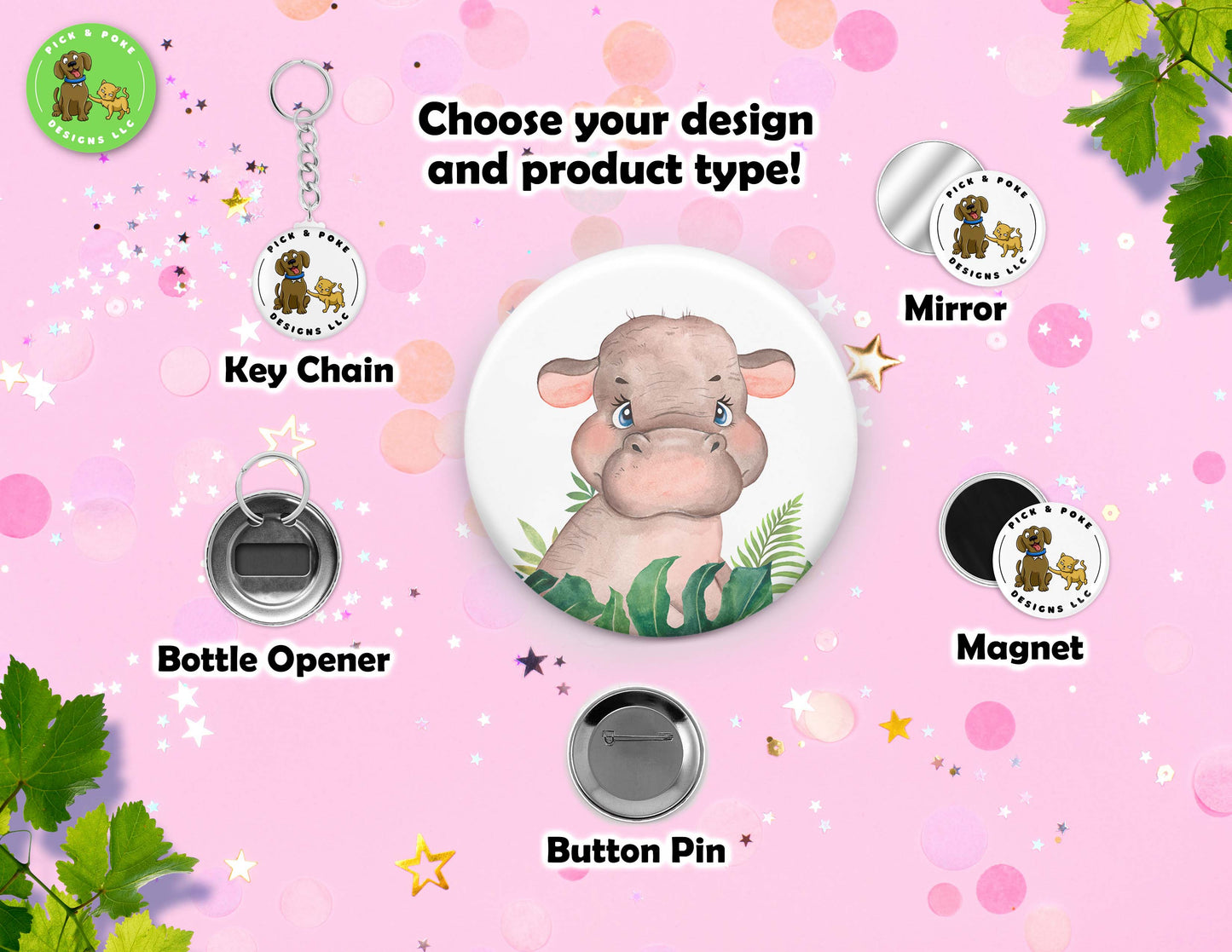 Cute Safari Baby Animals Watercolor Style Buttons | 2.25-inch Round Size | Metal Pin Back Design | Made to Order