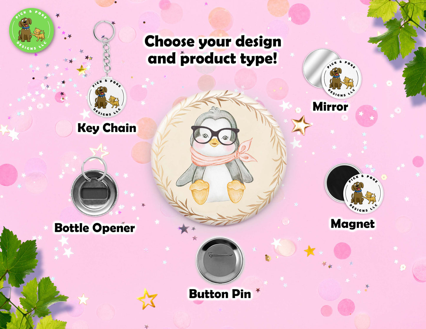 Cute Baby Animals Wearing Glasses | Pin-Back Button, Key Chain, Magnet, Bottle Opener, or Mirror Option | 2.25-inch Round Size | Made to Order