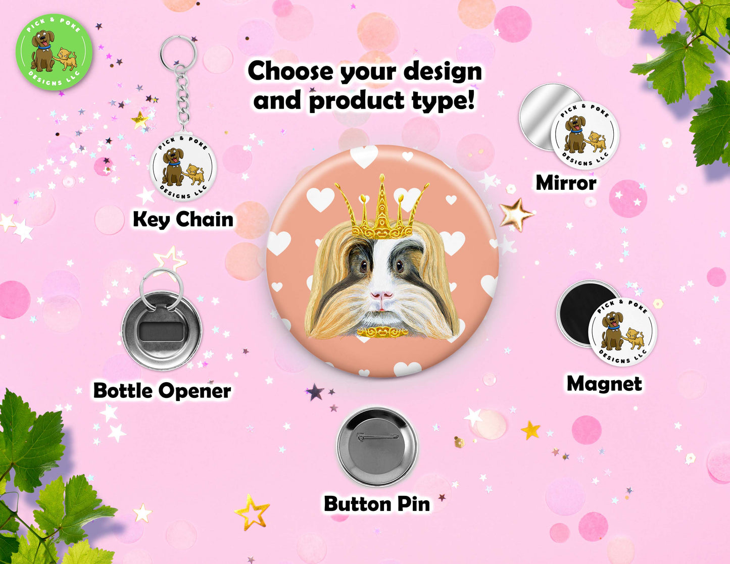 Guinea Pig Wearing Crown Button | 2.25-inch Round Size | Metal Pin Back Design | Made to Order