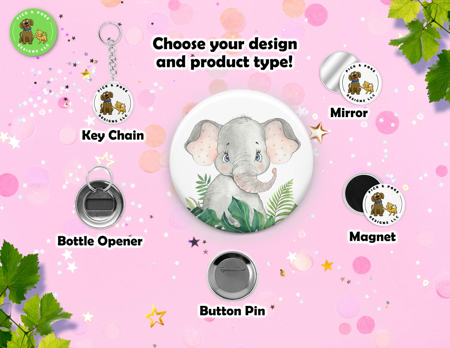 Cute Safari Baby Animals Watercolor Style Buttons | 2.25-inch Round Size | Metal Pin Back Design | Made to Order