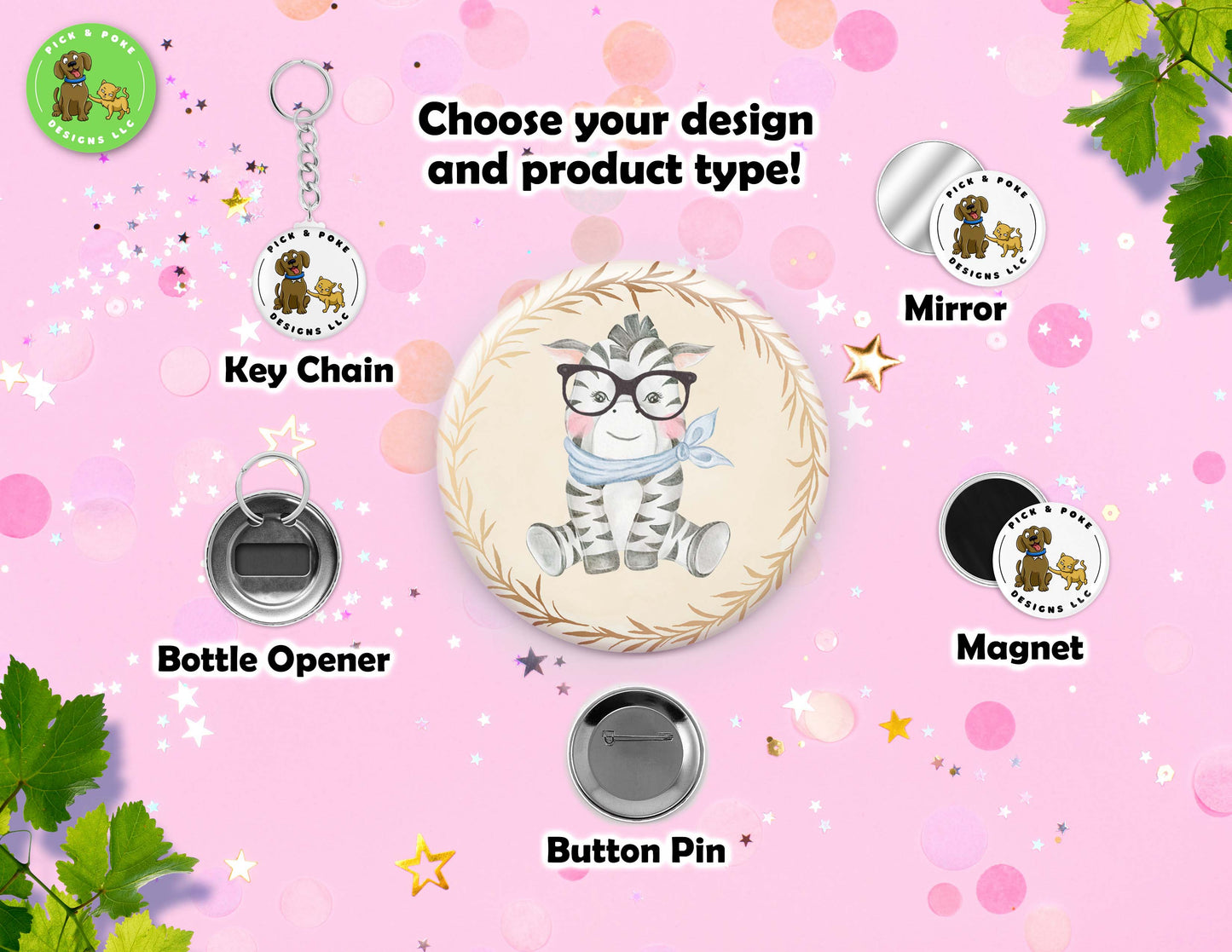 Cute Baby Animals Wearing Glasses | Pin-Back Button, Key Chain, Magnet, Bottle Opener, or Mirror Option | 2.25-inch Round Size | Made to Order