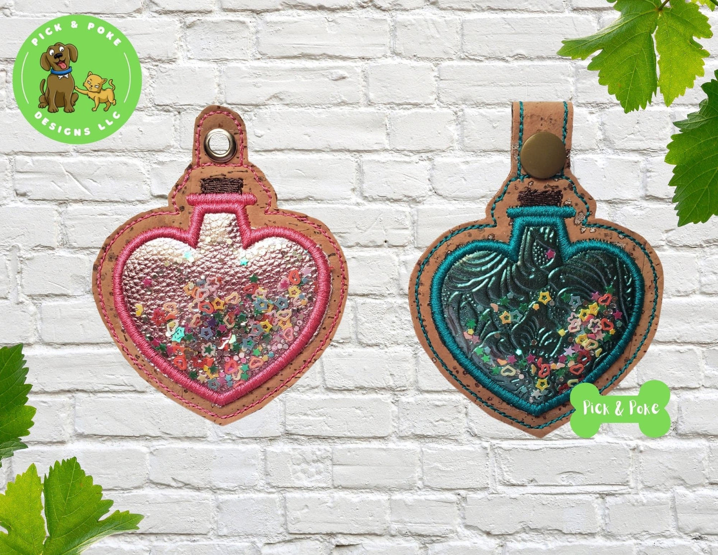 In the Hoop Embroidery Project / Applique Heart Potion Bottle Snap Tab and Eyelet Key Fob / Gift Tag / Digital File / Instant DOWNLOAD / SetPick and Poke Designs