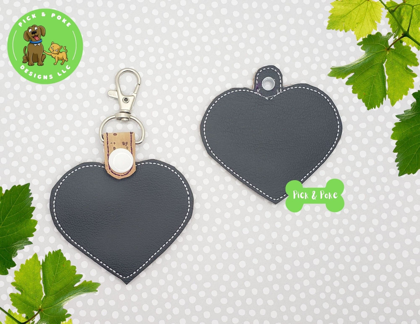 In the Hoop Embroidery Project / Applique Heart with Motif Snap Tab and Eyelet Key Fob / Gift Tag / Digital File / Instant DOWNLOAD / SetPick and Poke Designs