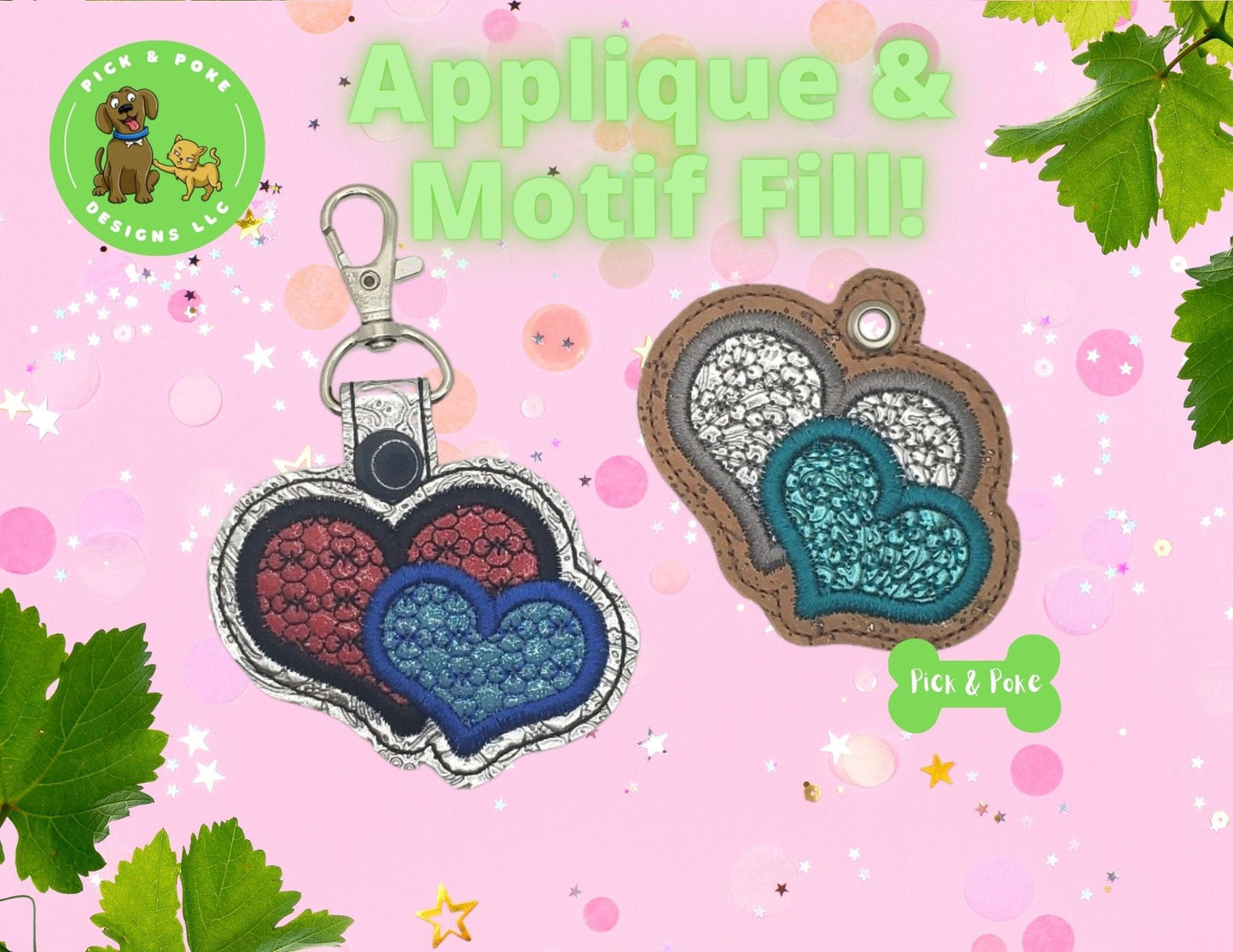 In the Hoop Embroidery Project Double Heart Motif Fill Key Fob Snap Tab and Eyelet Key Fob / Gift Tag / Digital File /Instant DOWNLOAD / ITHPick and Poke Designs