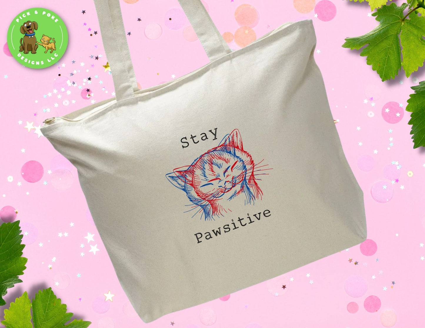 Embroidered Stay Pawsitive Canvas Tote Bag with 3D Illusion Cat Design