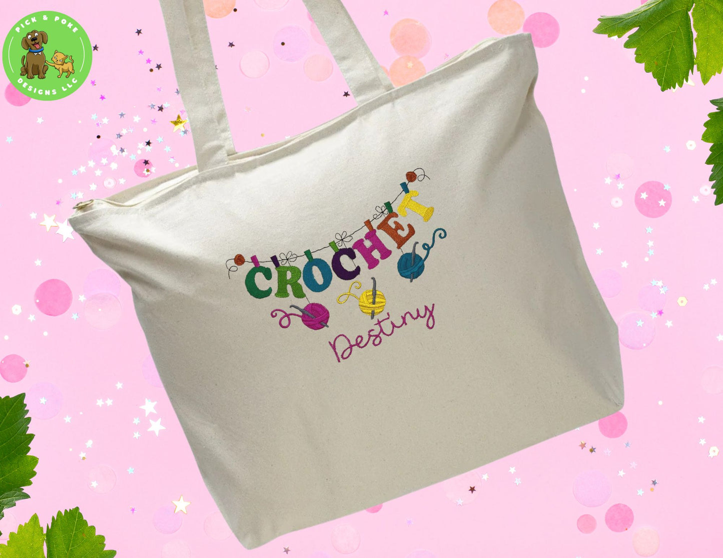 Embroidered Crochet Canvas Tote Bag with Personalized Name