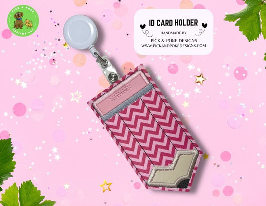 Limited Stock: Pink Chevron Stripes Pencil ID Card Badge Holder with Reel or Clip | Faux Leather Vinyl | Vertical Protector Case