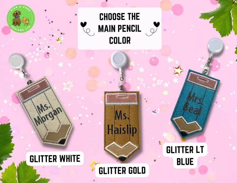 Personalized Pencil ID Card Badge Holder with Reel or Clip | Glitter or Solid Vinyl | Vertical Protector Case (Custom Made)