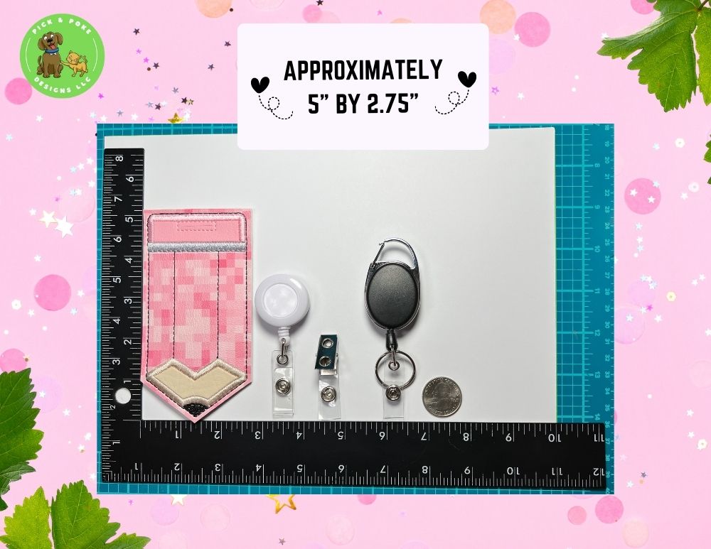 Limited Stock: Pink Pixels Pencil ID Card Badge Holder with Reel or Clip | Faux Leather Vinyl | Vertical Protector Case
