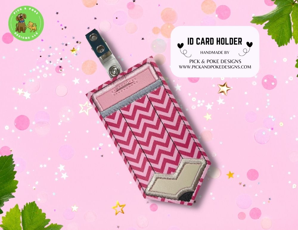 Limited Stock: Pink Chevron Stripes Pencil ID Card Badge Holder with Reel or Clip | Faux Leather Vinyl | Vertical Protector Case