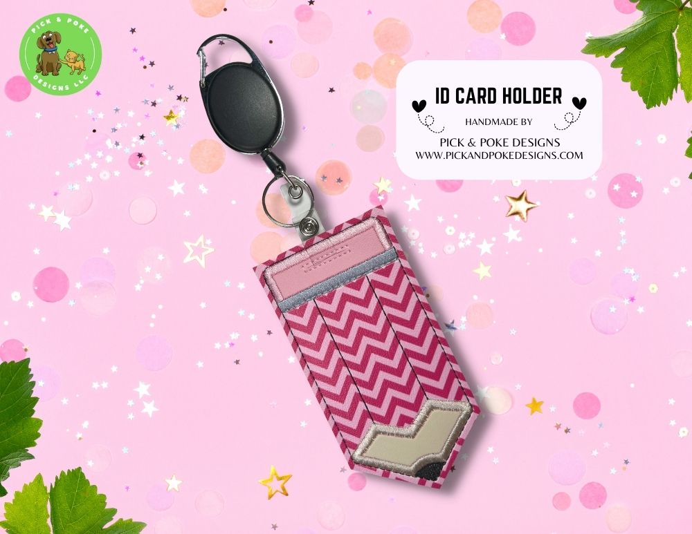 Limited Stock: Pink Chevron Stripes Pencil ID Card Badge Holder with Reel or Clip | Faux Leather Vinyl | Vertical Protector Case