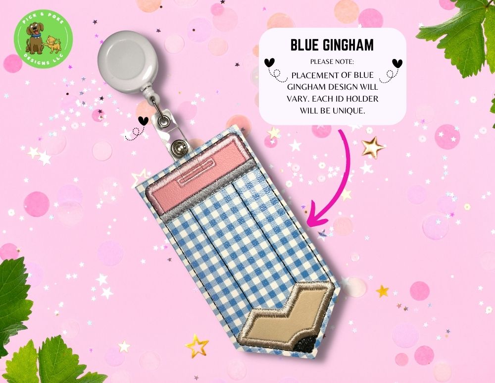 Limited Stock: Blue Gingham Pencil ID Card Badge Holder with Reel or Clip | Faux Leather Vinyl | Vertical Protector Case